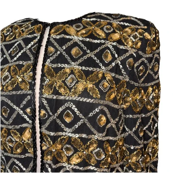 VTG Talbots‎ AJ Bari Beaded Sequin Silk Trophy Jacket Bronze Silver Black Large
